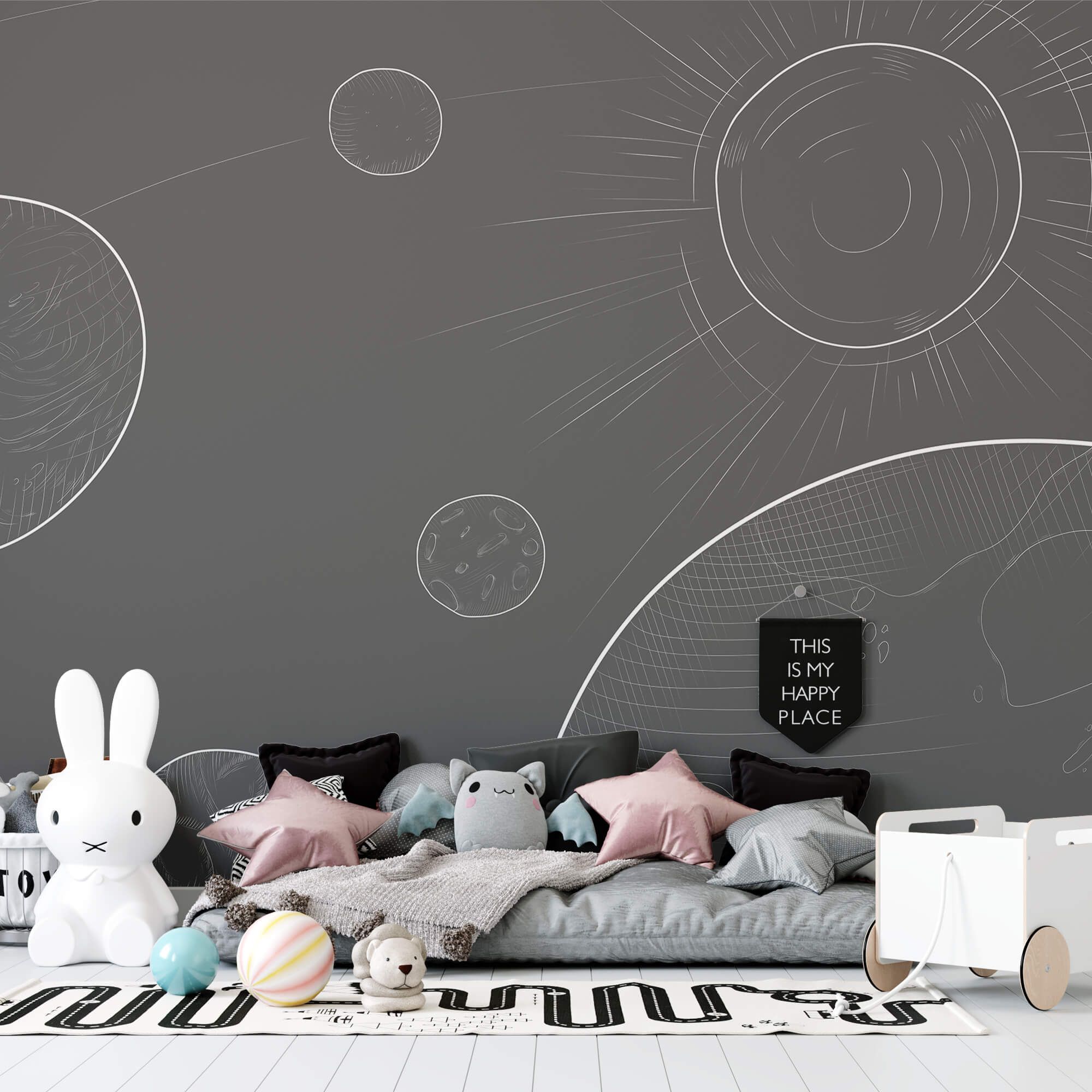 Fond gris avec des cercles et un soleil