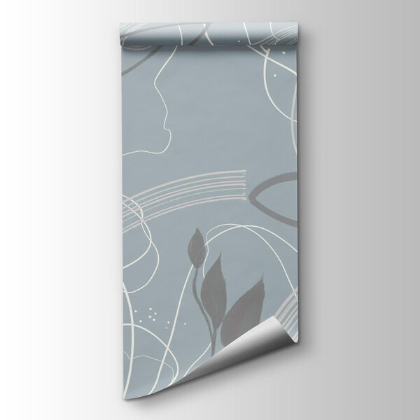 Blue and white background with leaves and lines