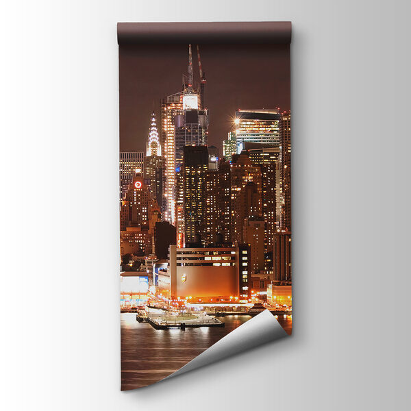 City skyline at night with the moon in the sky