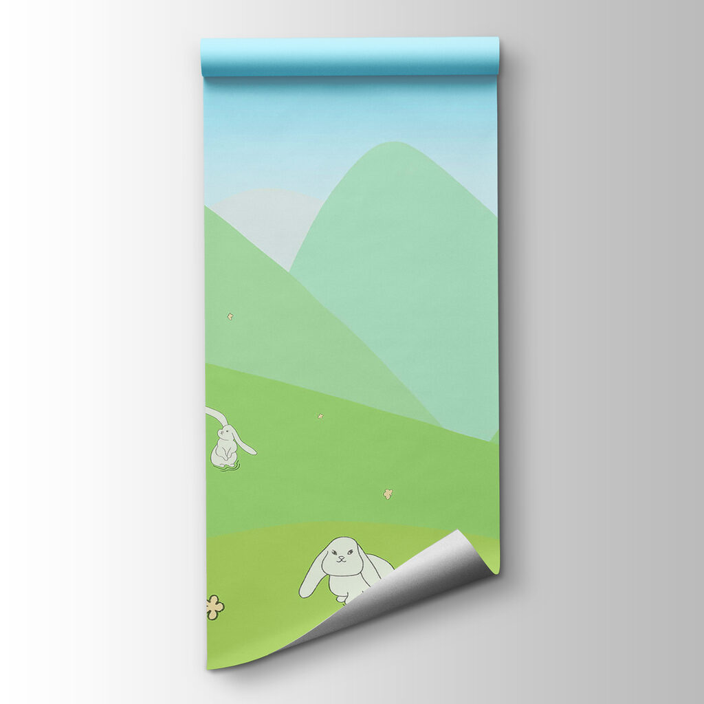 Cartoon of bunnies on a green hill