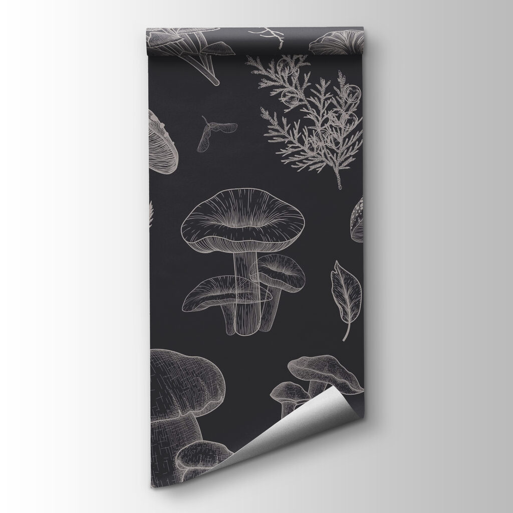 Pattern of mushrooms and leaves