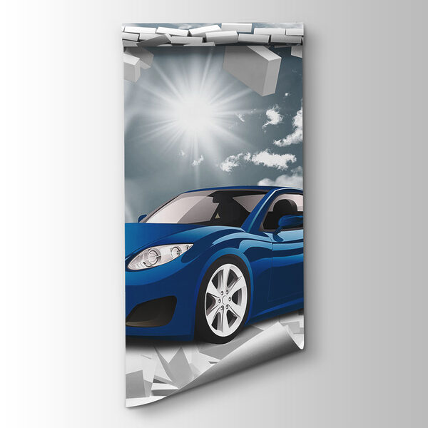 Blue car in a wall of white bricks