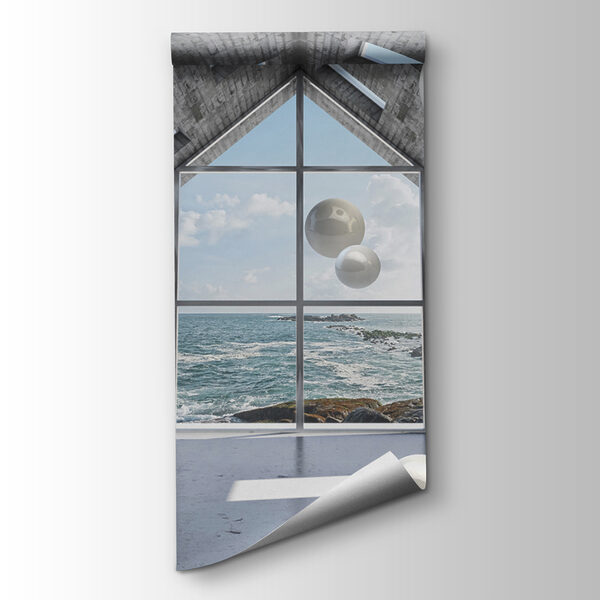 Room with white balls floating in the air