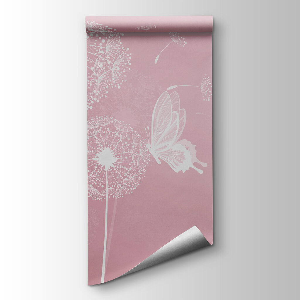 A pink background with white dandelions and butterflies