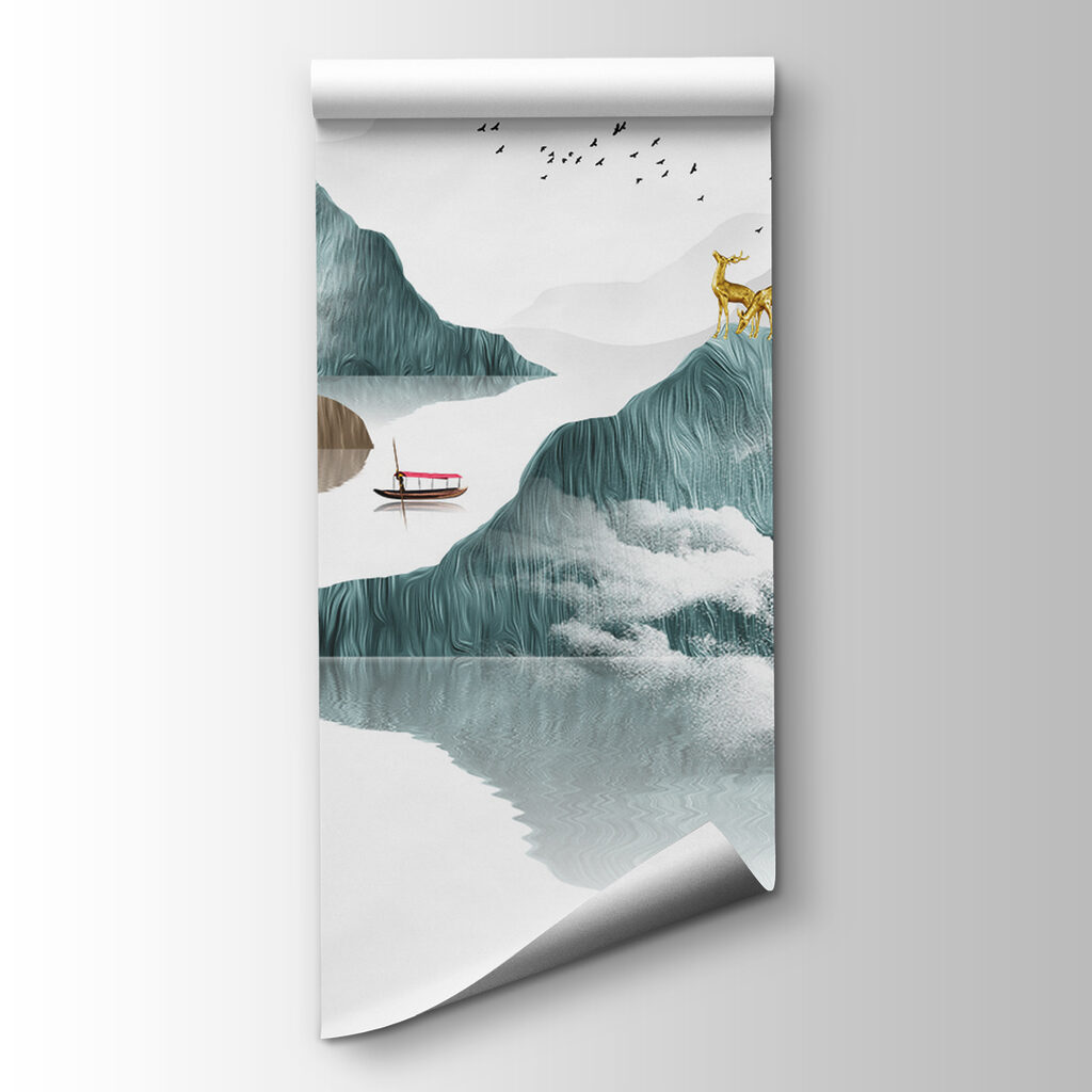 Painting of mountains and boats Painting of mountains and boats