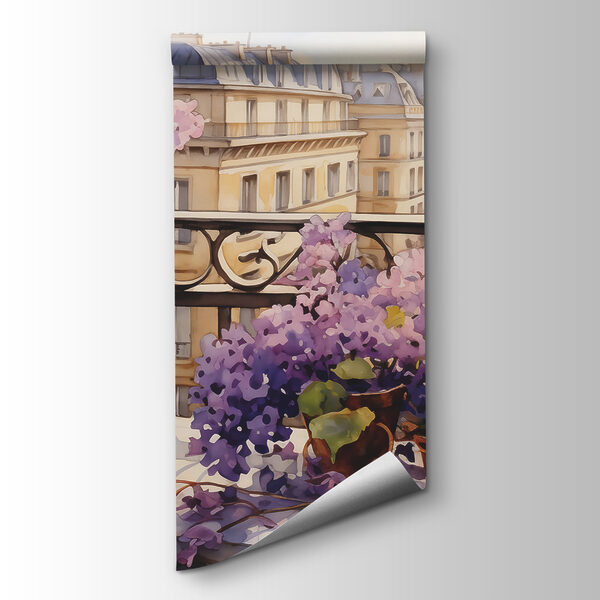 Painting of a balcony with purple flowers