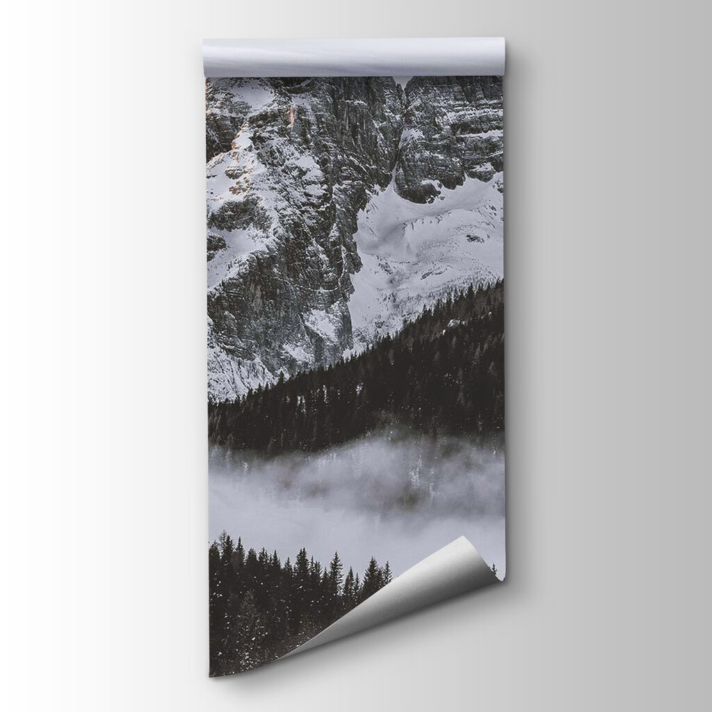 Snowy mountain range with trees and a building