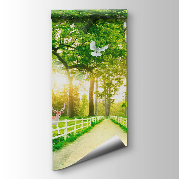 Path with trees and a white fence and deer Path with trees and a white fence and deer