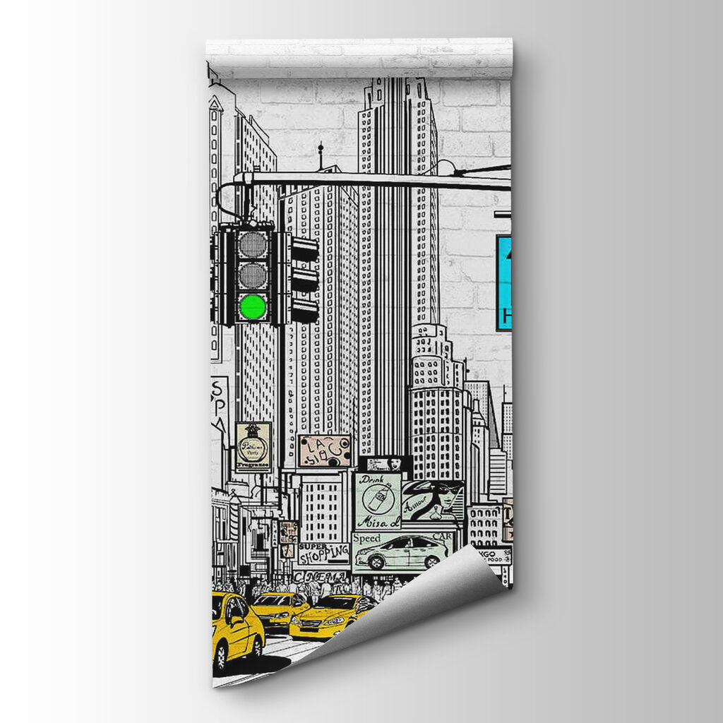 Drawing of a city street with cars and buildings Drawing of a city street with cars and buildings