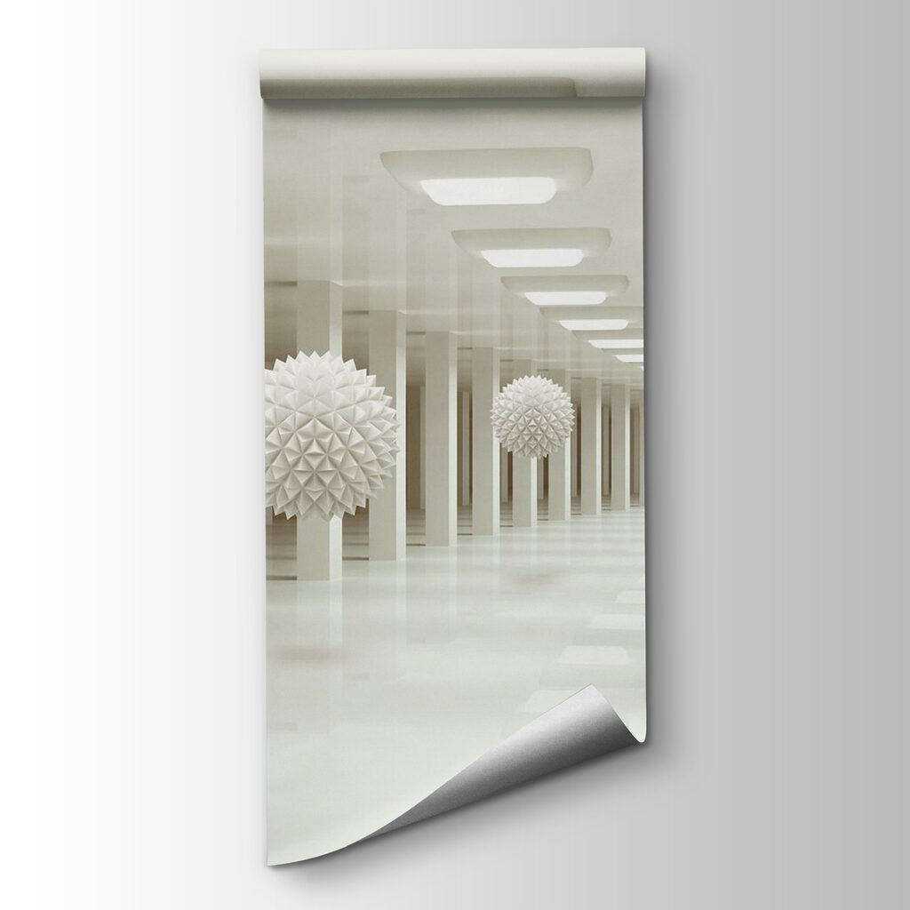 White room with white balls from the ceiling White room with white balls from the ceiling