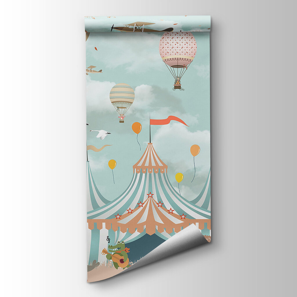 Circus tent with hot air balloons and birds