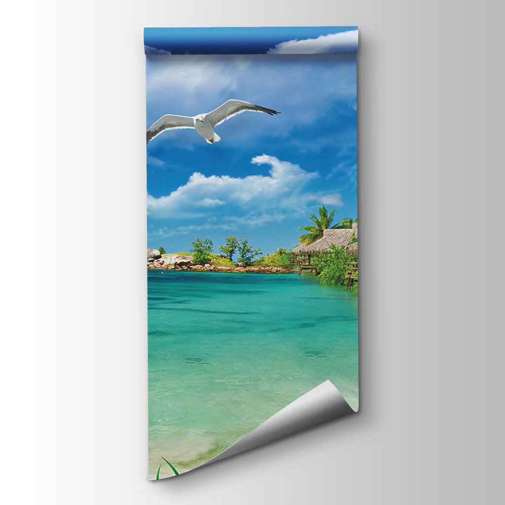 Beach with a hut and a couple of birds Beach with a hut and a couple of birds