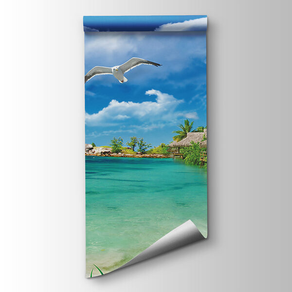 Beach with a hut and a couple of birds Beach with a hut and a couple of birds