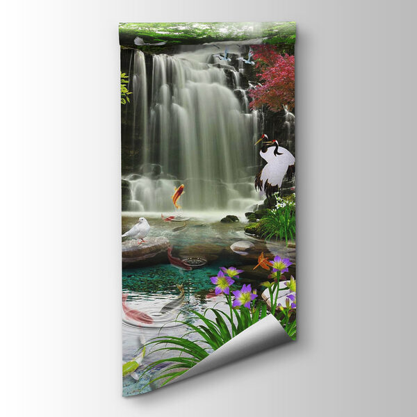 Waterfall with birds and fish