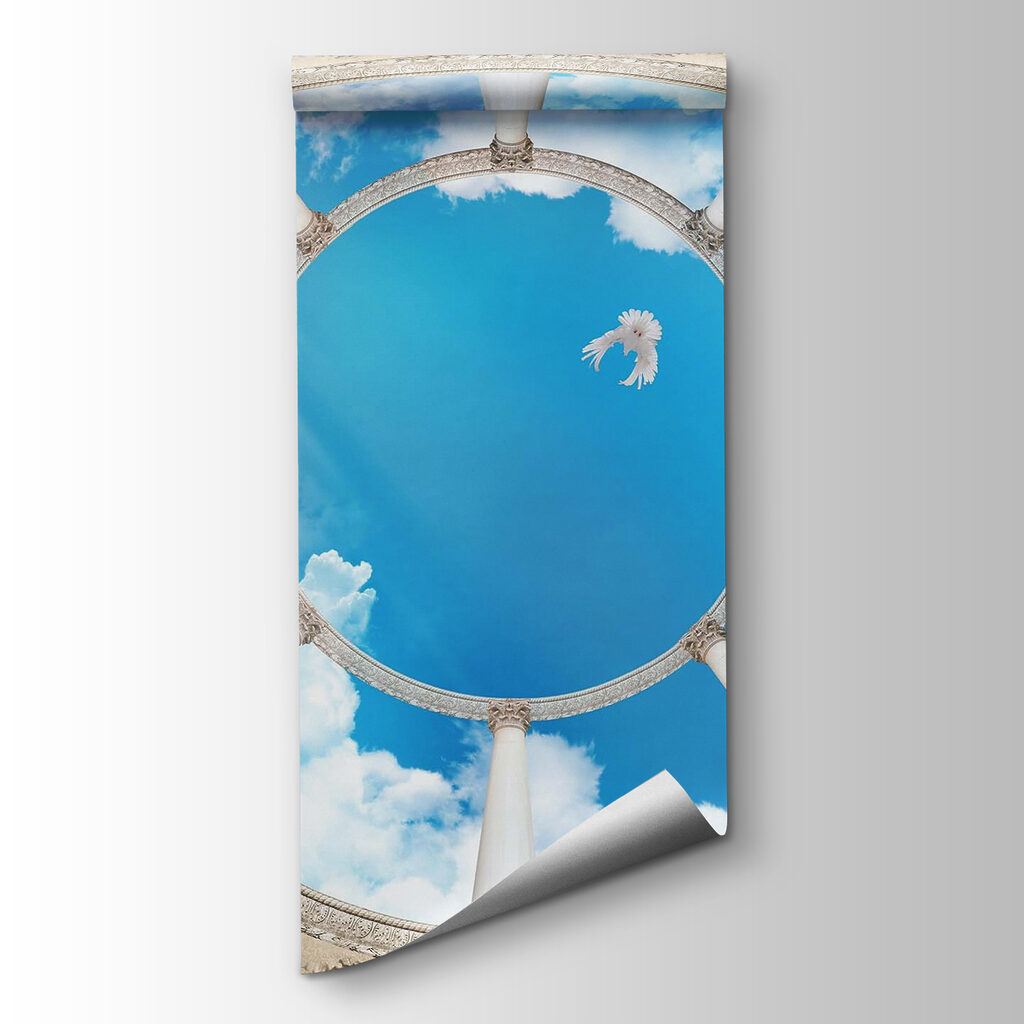 Circular ceiling with columns and a bird flying through the sky