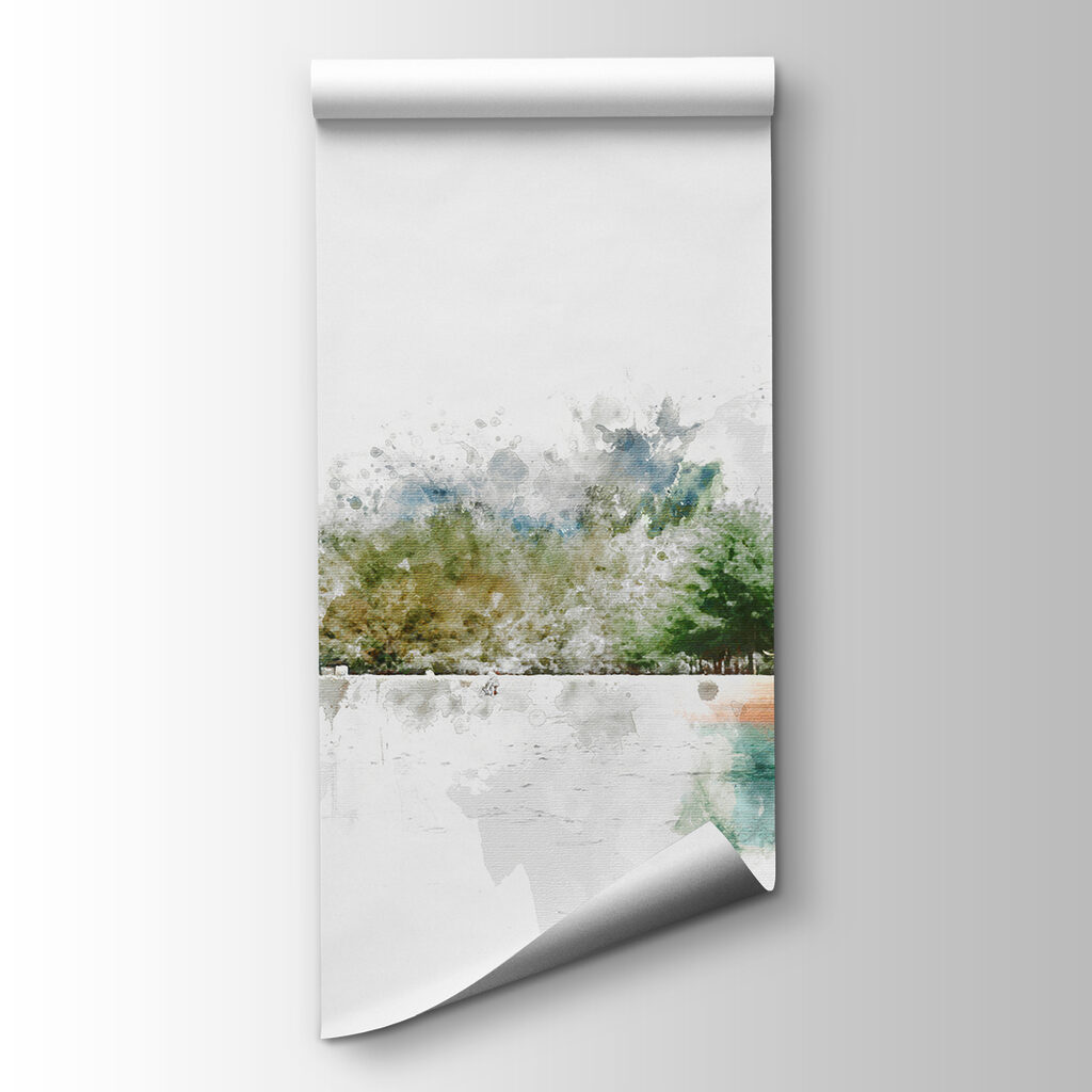 Watercolor of a lake with trees and mountains in the background Watercolor of a lake with trees and mountains in the background