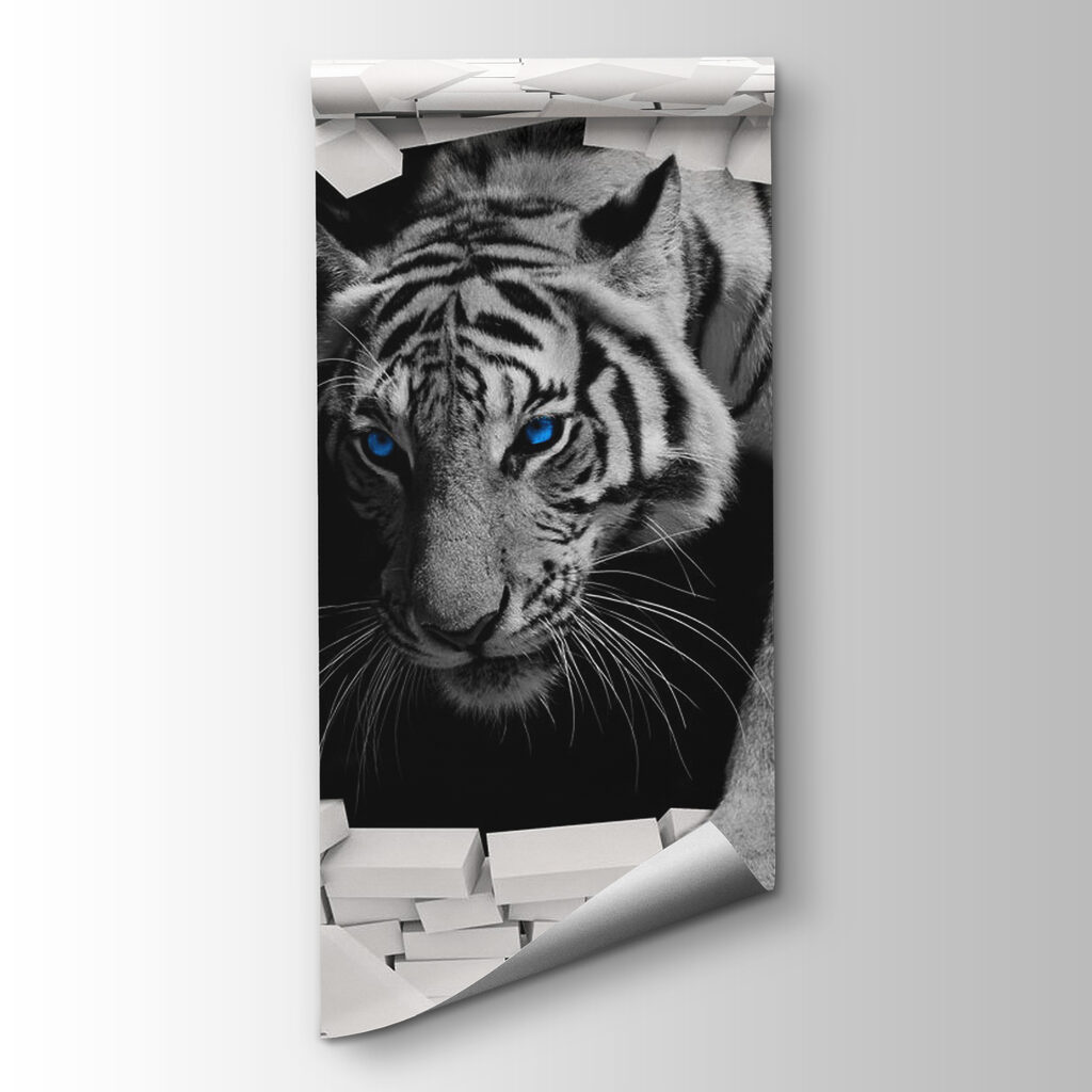 Tiger coming through a hole in a wall