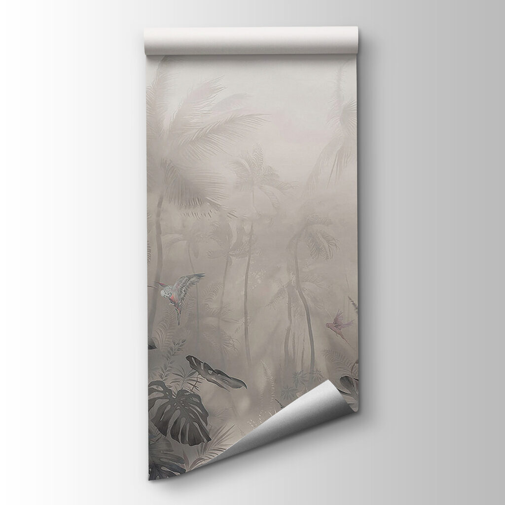 Foggy forest with palm trees and butterflies