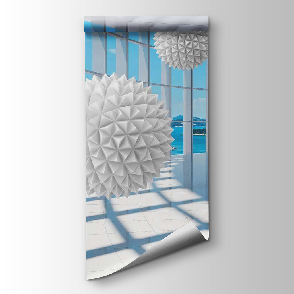 White balls in a room with windows