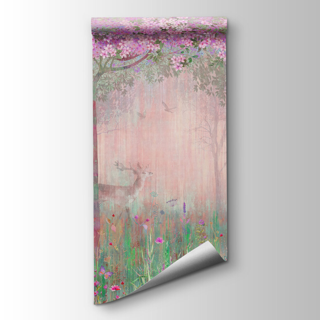 A painting of a forest with pink flowers and trees