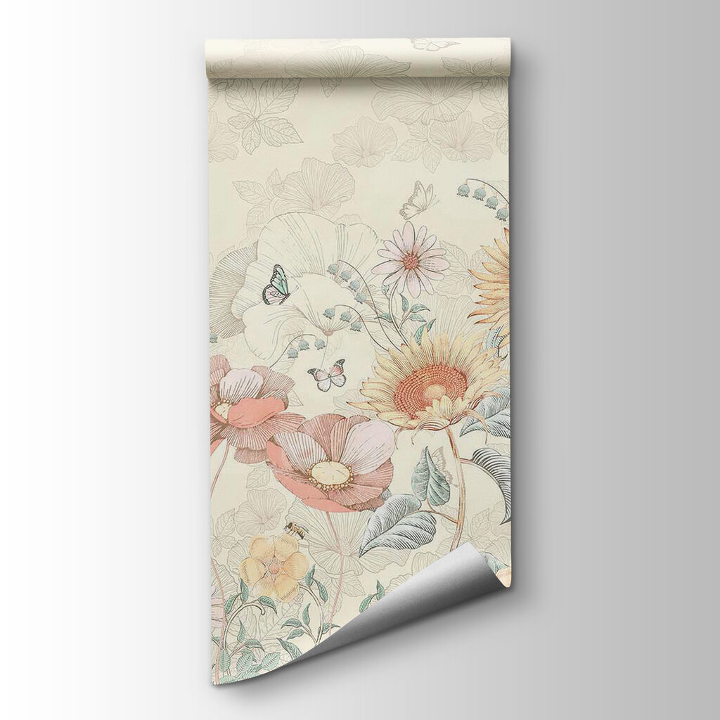 Wallpaper with flowers and butterflies