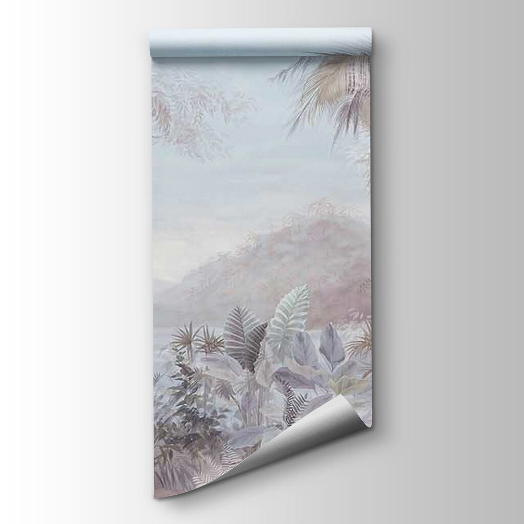 Painting of a landscape with trees and mountains Painting of a landscape with trees and mountains