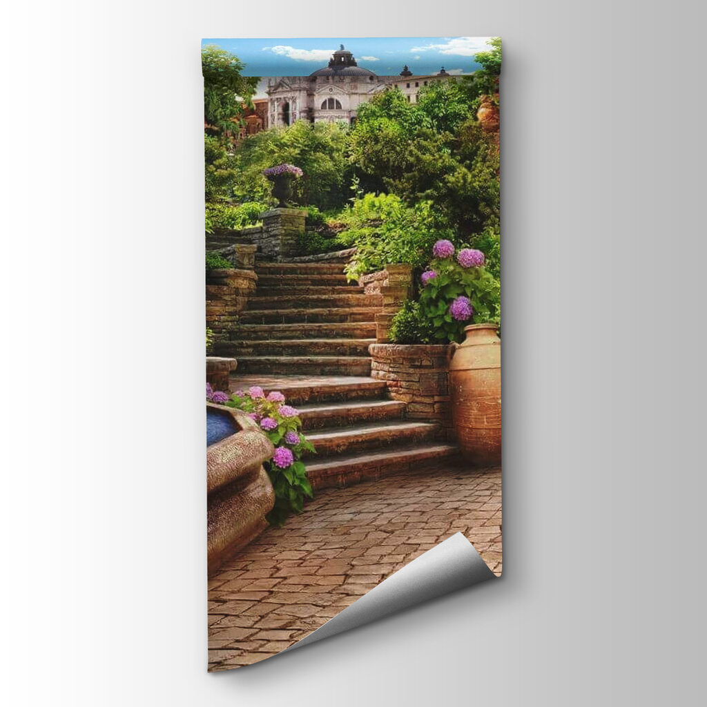 Stone path with a fountain and stairs and flowers Stone path with a fountain and stairs and flowers