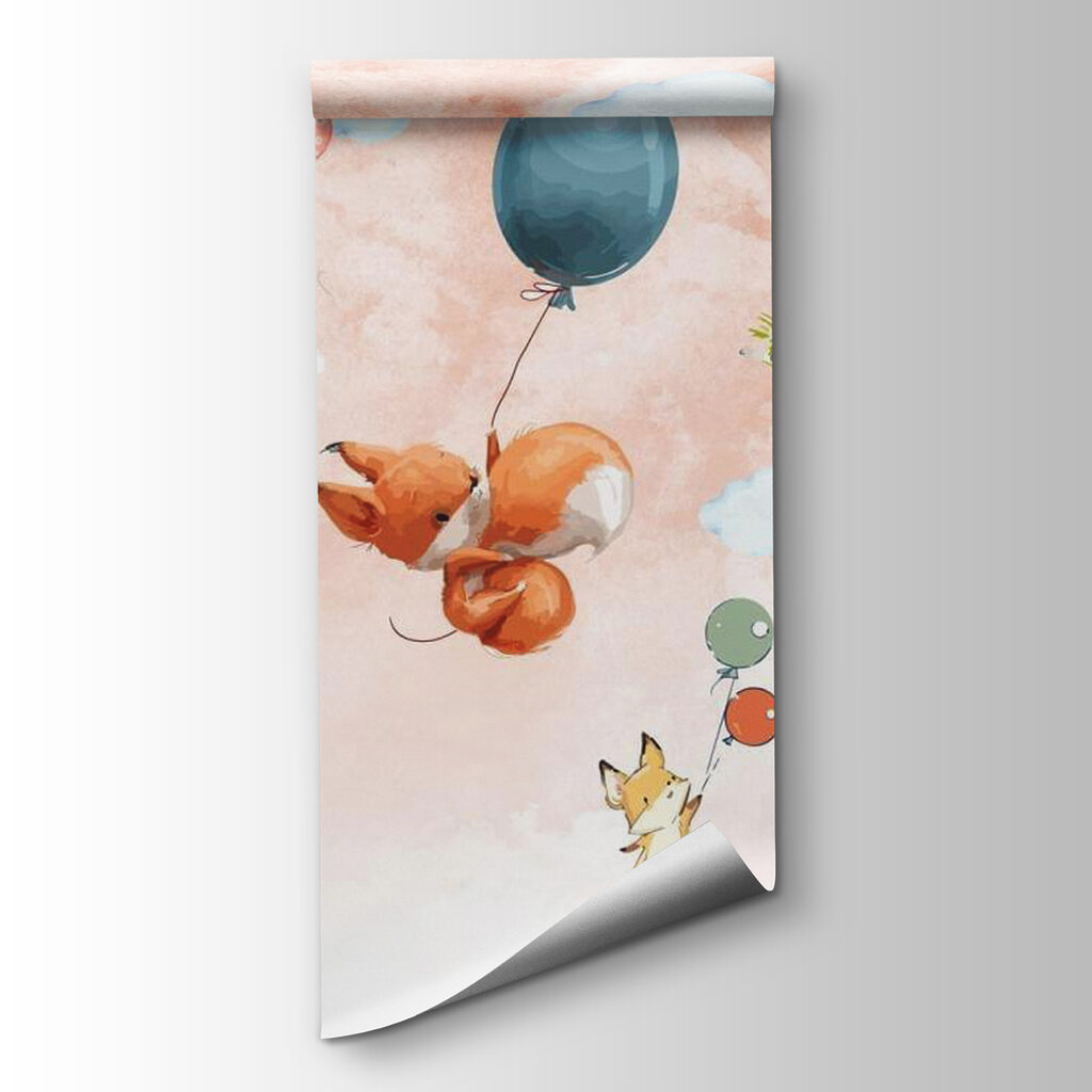 Cartoon animals flying with balloons