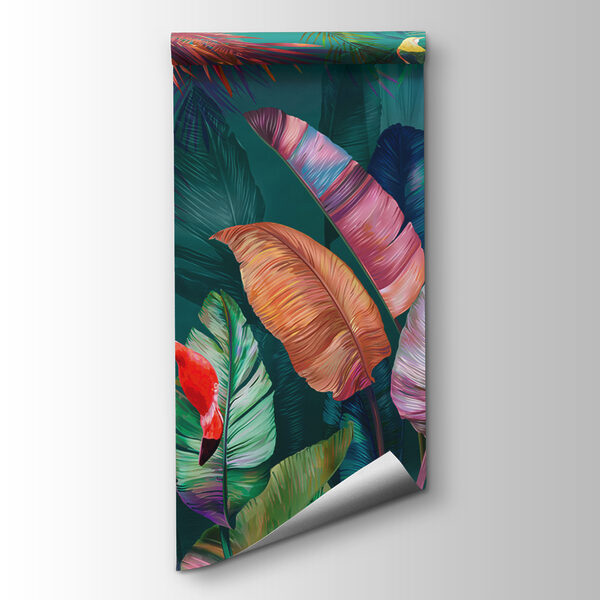 Flamingos and colorful leaves