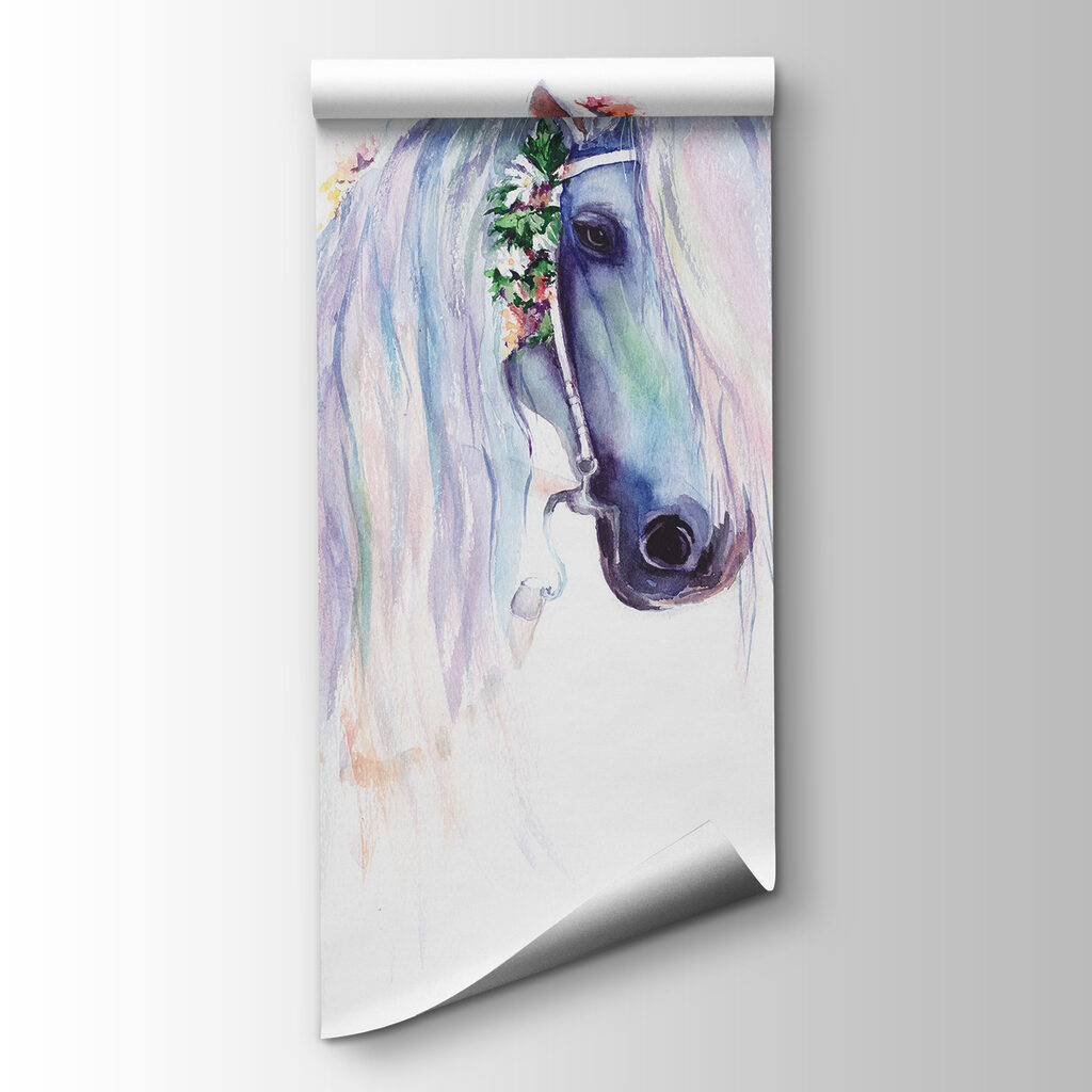 Watercolor of a horse with flowers on its head