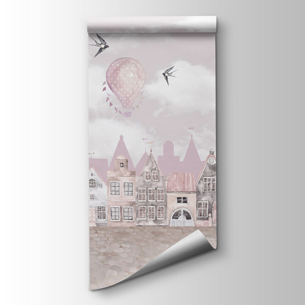 Pink and white cityscape with pink balloons and birds flying Pink and white cityscape with pink balloons and birds flying