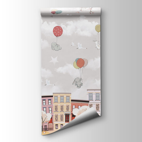 City with trees and balloons City with trees and balloons