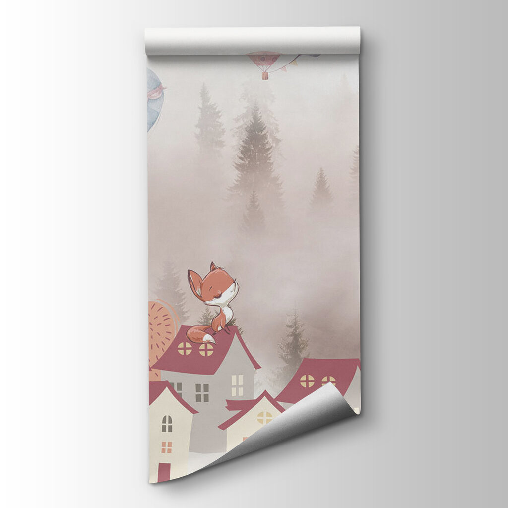 Cartoon of a fox on a rooftop of a town with hot air balloons Cartoon of a fox on a rooftop of a town with hot air balloons