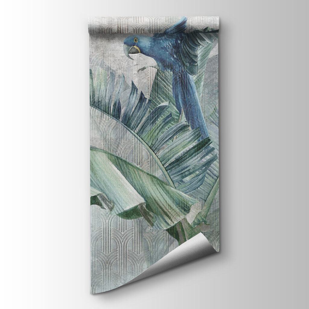 Blue parrot on a banana leaf