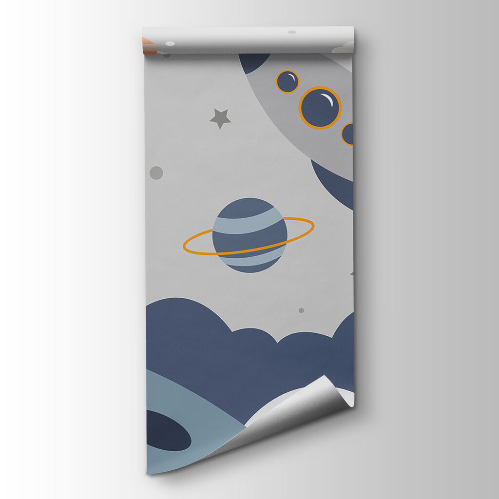 Cartoon an astronaut walking on a planet with a rocket in the sky