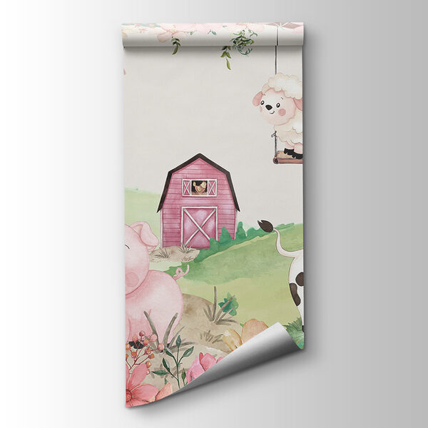 A watercolor painting of animals in a farm