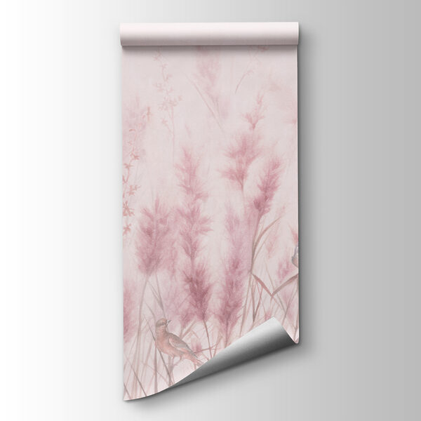 A group of birds in a field of pink grass A group of birds in a field of pink grass