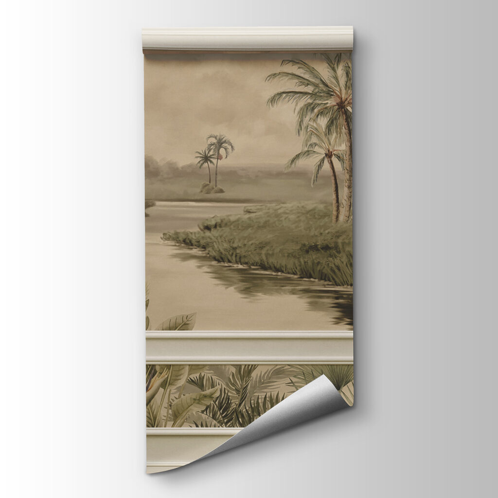 A wall with a painting of trees and a river