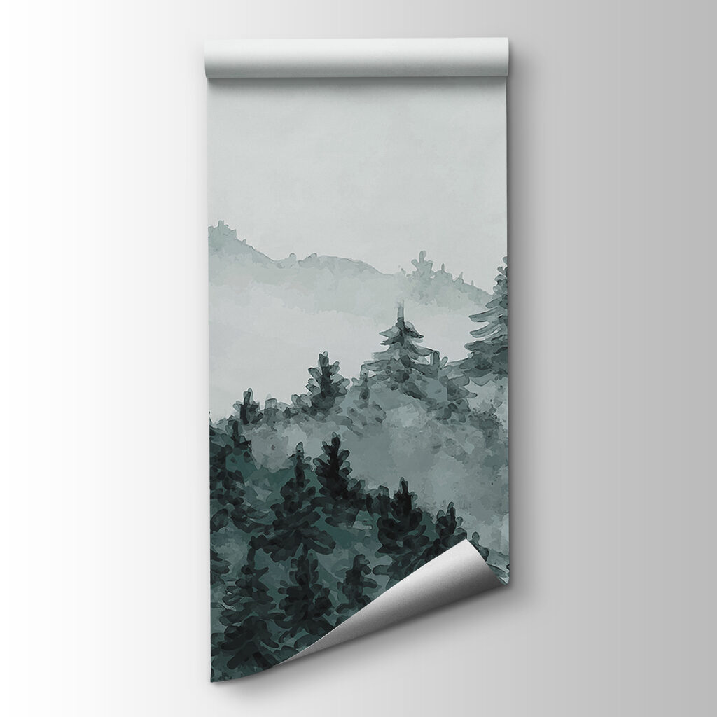 A foggy forest with trees