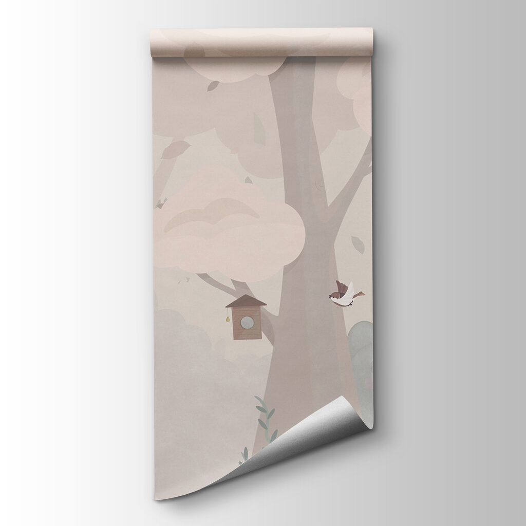 A cartoon of a bear and birds in a forest