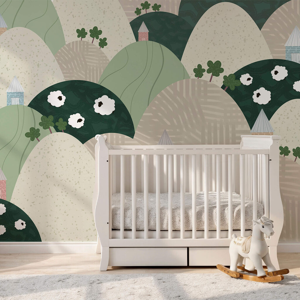 Paysage avec collines et fleurs