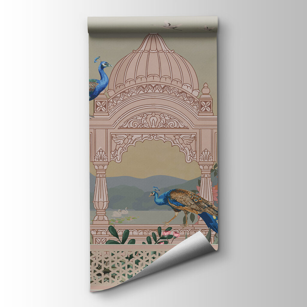 Mural of a building with a roof and birds