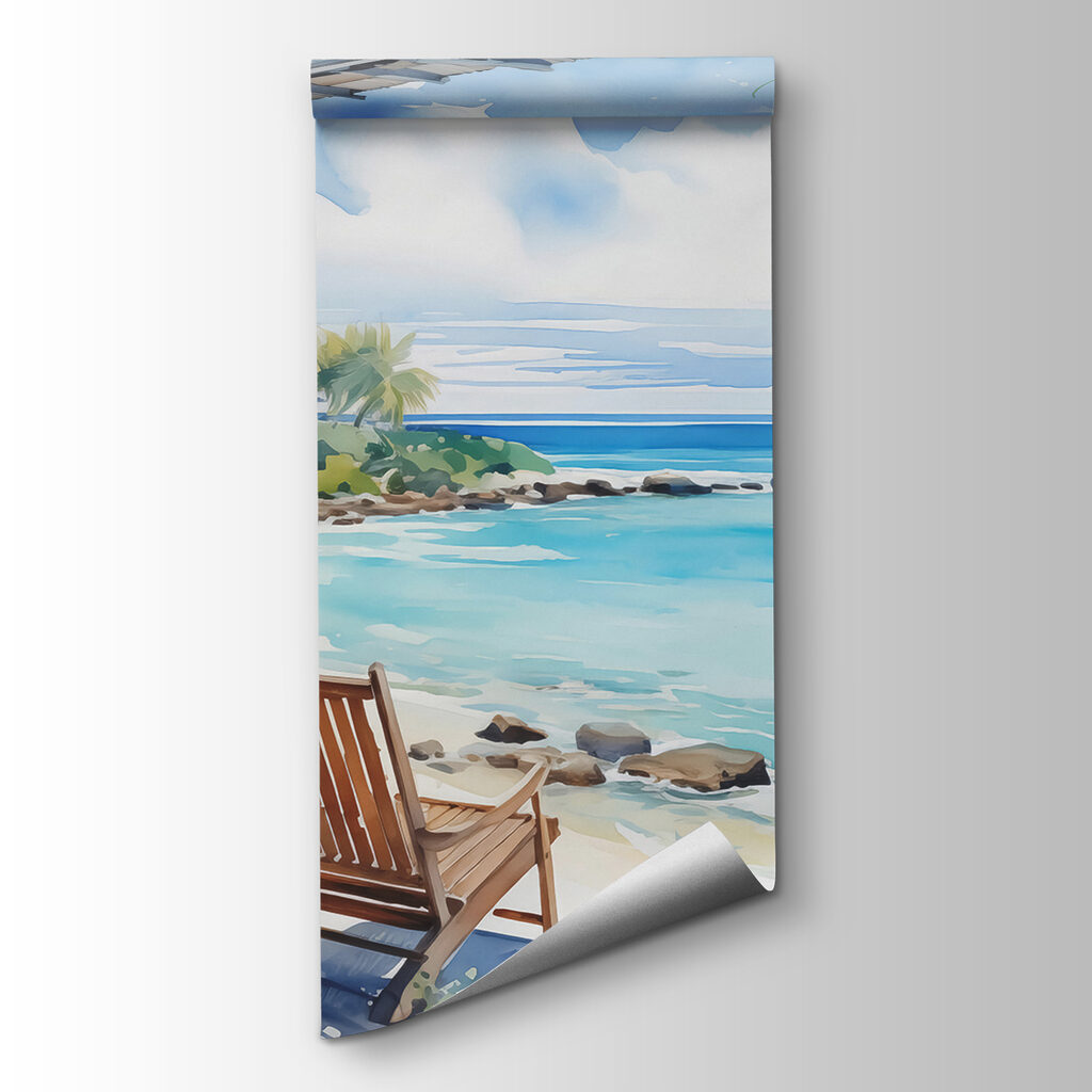 Watercolor painting of chairs on a deck overlooking a beach