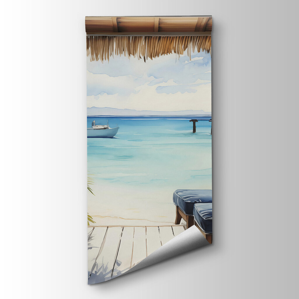 Watercolor painting of a beach with chairs and a boat