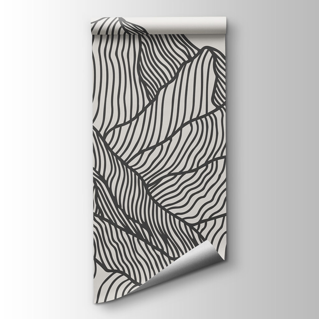 A black and white drawing of a mountain range