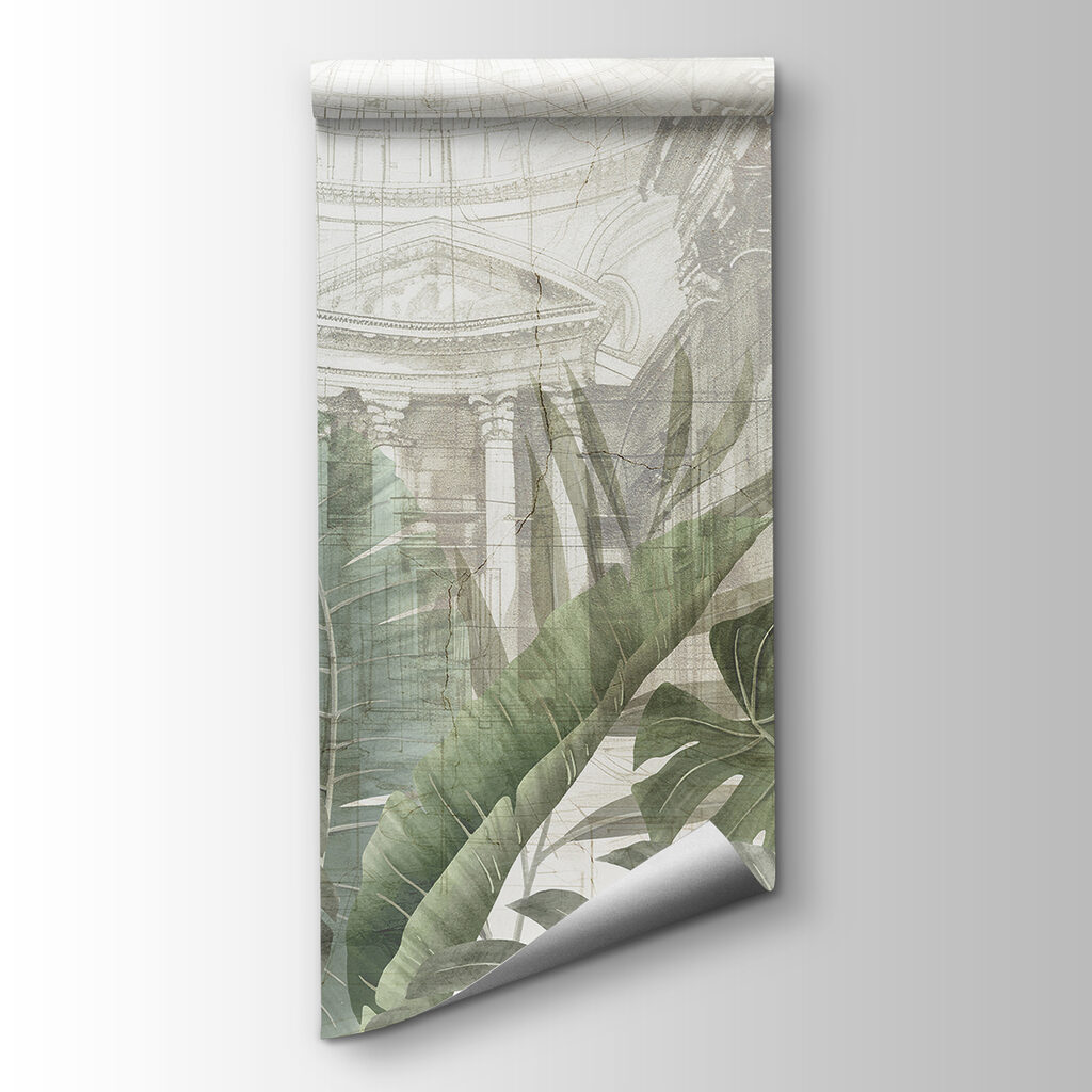 A painting of a building with a large leaf A painting of a building with a large leaf