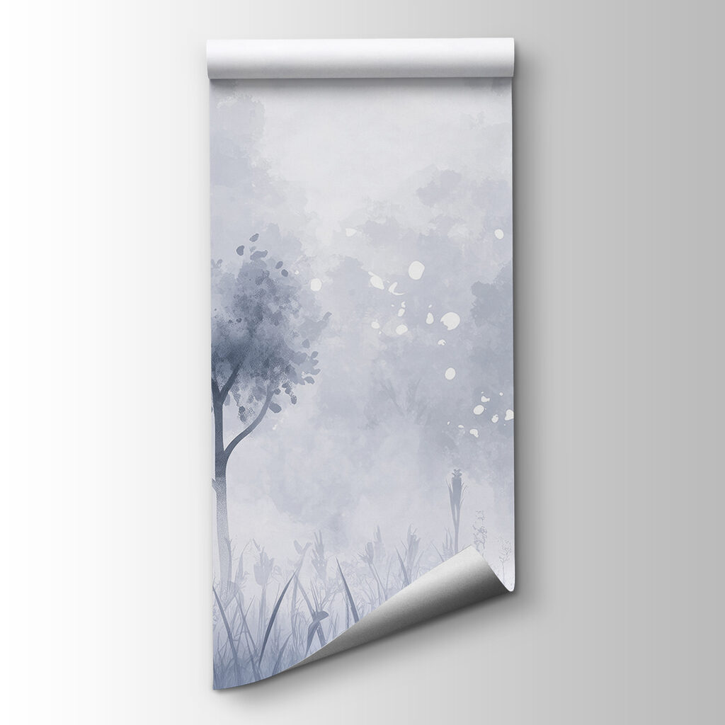 Foggy forest with trees and grass Foggy forest with trees and grass