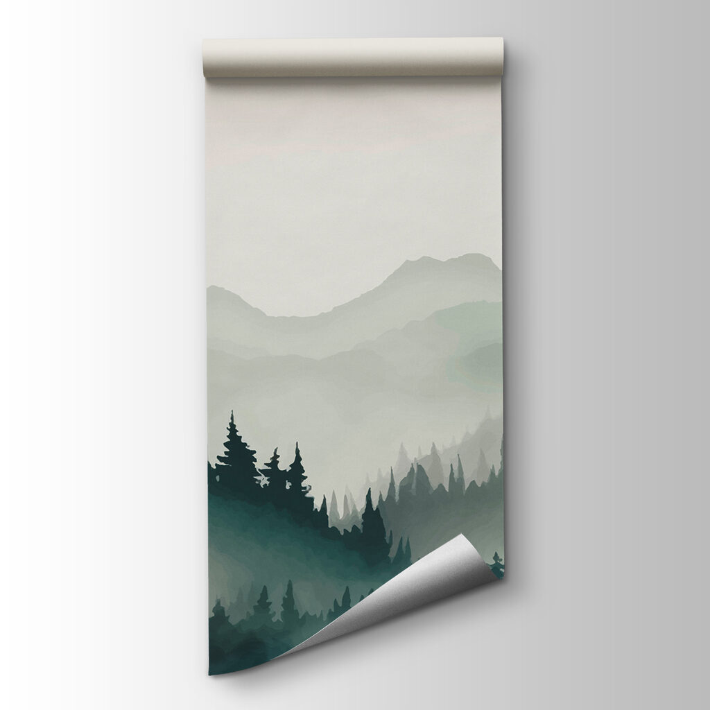 Foggy mountain landscape with trees and mountains