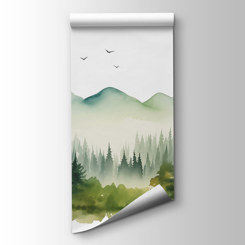 Watercolor of a forest and mountains
