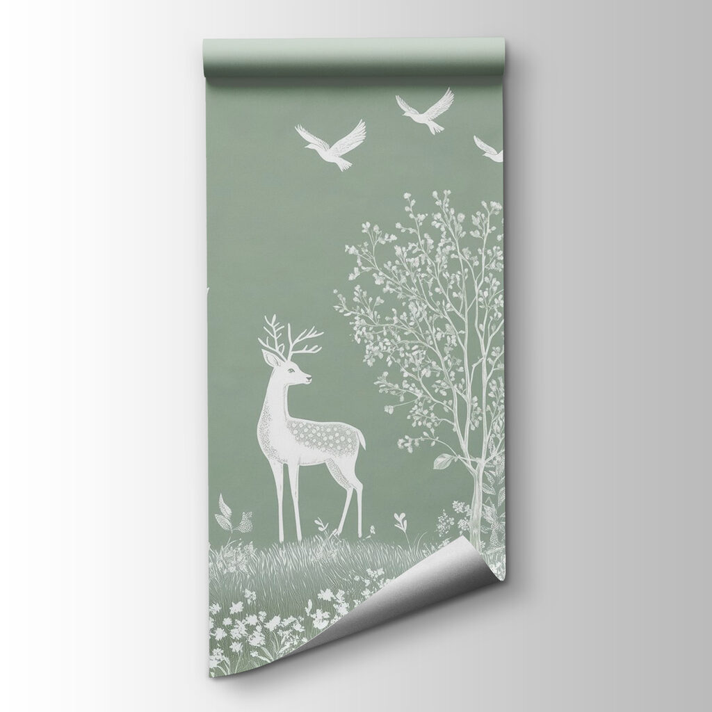 White deer and birds in a field